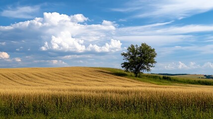 Obraz premium Golden wheat fields stretching under a bright sky with fluffy clouds : Generative AI