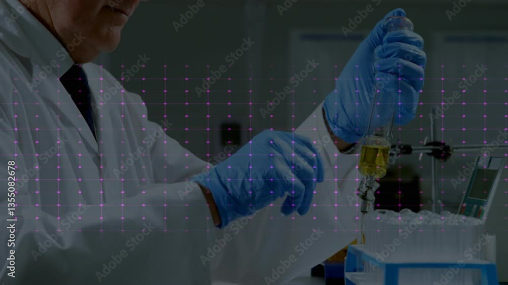 Poster handling liquid samples, scientist in lab with pink waveform animation overlay