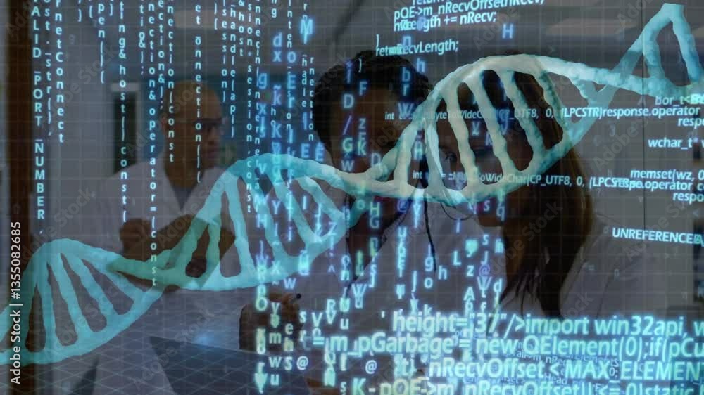 Aufkleber dna strand with binary coding for scientific data processing in animation