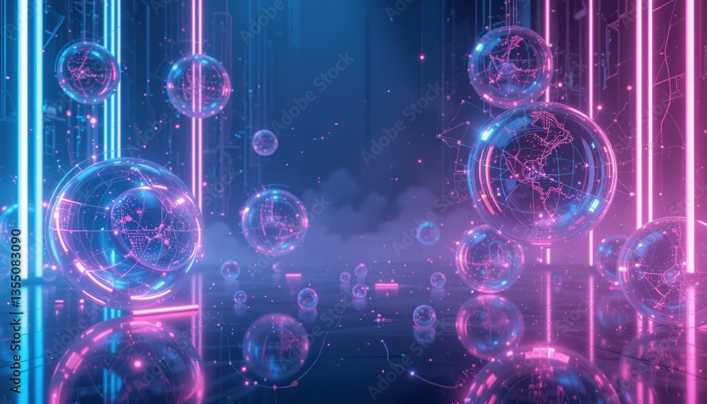 Poster dynamic digital display of interconnected spheres and neon lights virtual environment 3d visualizati