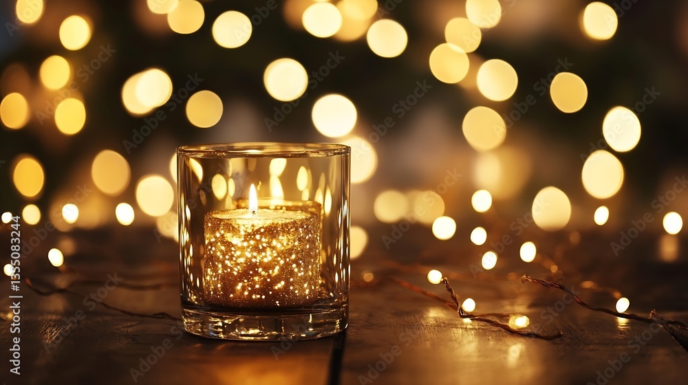 Poster glowing candle in a glass holder surrounded by shimmering fairy lights creating a warm ambiance : ge