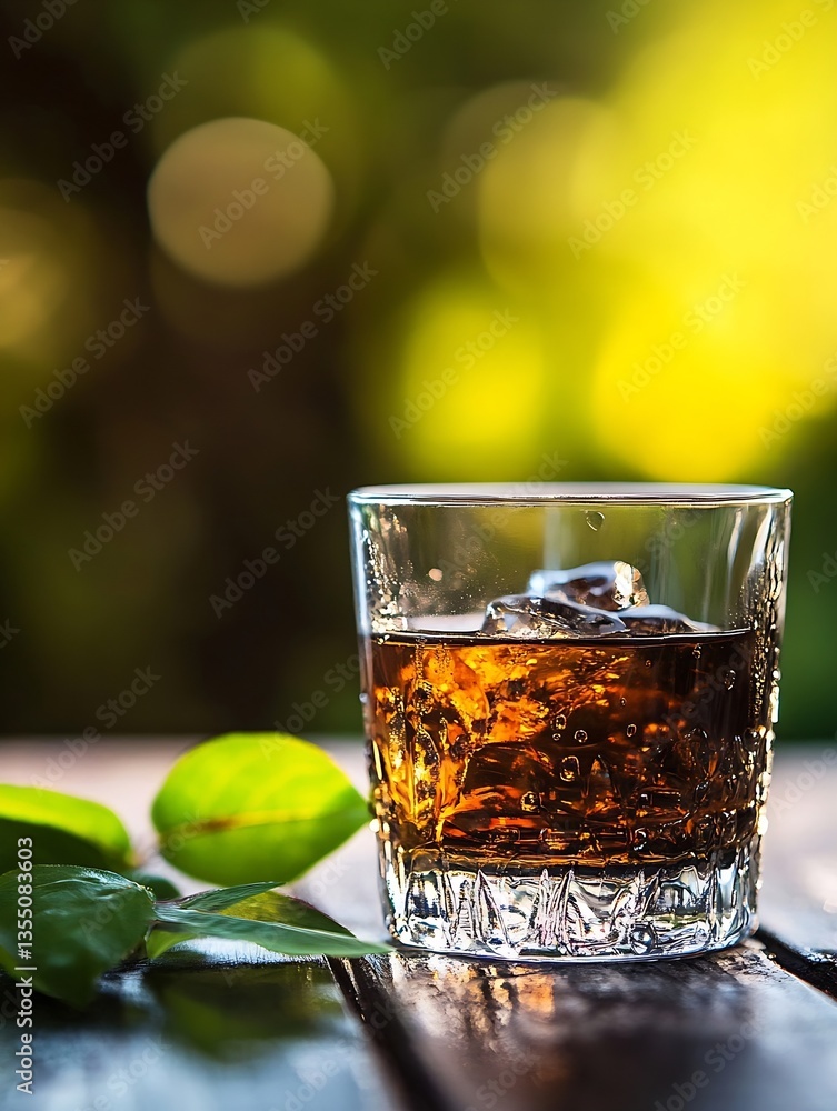 Aufkleber a refreshing glass of whiskey with ice placed on a wooden table surrounded by soft glowing light : g