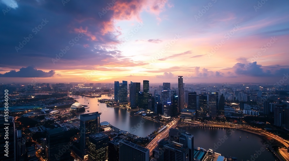 Poster dramatic skyline overlooking a city river at twilight with colorful clouds and reflections : generat