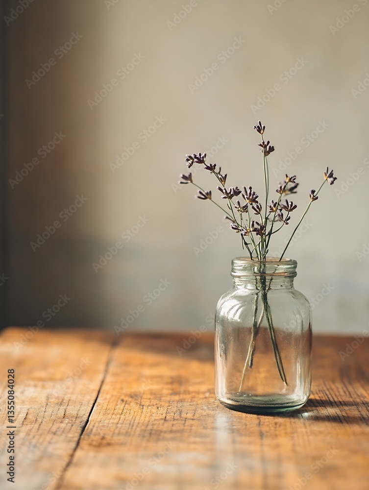 Poster glass jar filled with lavender flowers resting on a wooden table creating a rustic and vintage look 