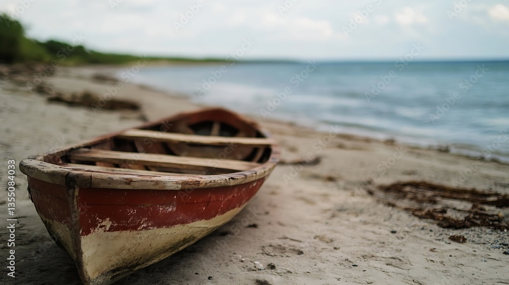 Poster Weathered wooden boat resting on a tranquil beach with a scenic ocean view and soft waves : Generative AI