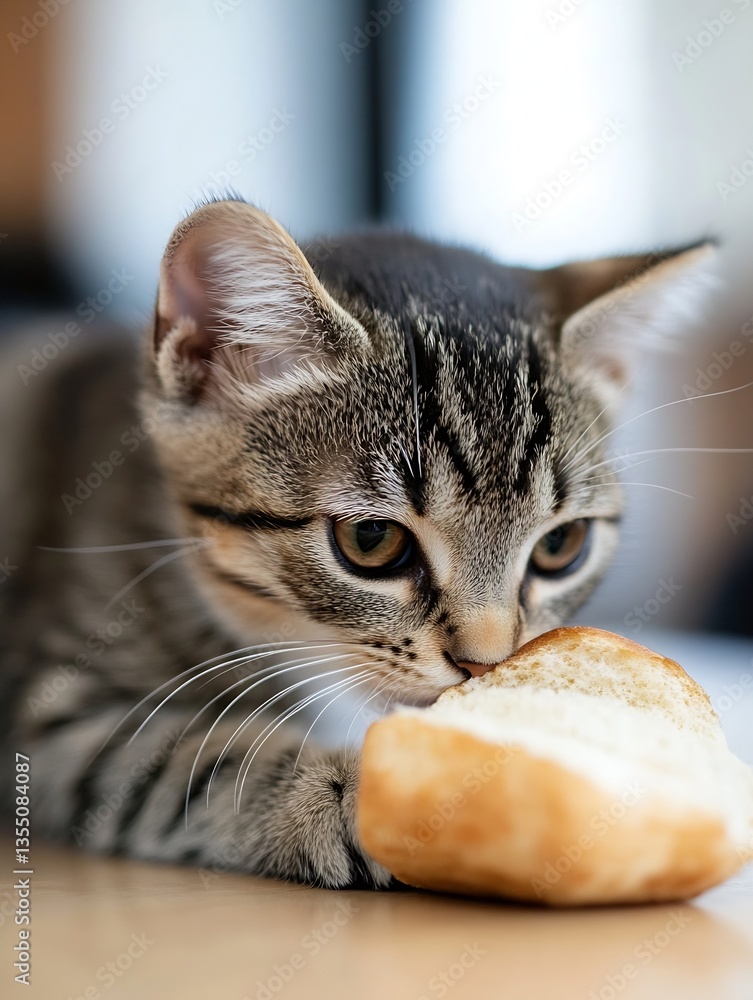 Poster adorable kitten sniffing a piece of bread in a cozy indoor setting capturing playful pet moments : g