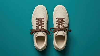 Pair of suede sneakers with brown laces on turquoise background. Studio shot highlighting clean, minimalist aesthetic, trendy fashion style, and comfortable footwear.