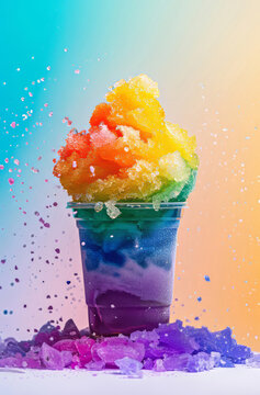 A rainbow snow cone explosion of summer delight refreshing childhood memories bright vibrant colors.