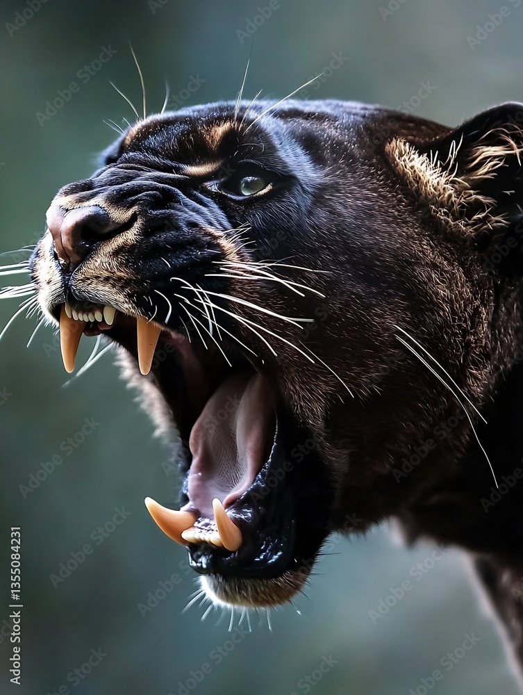 Poster majestic and fearsome close up of a growling black panther displaying powerful teeth and intense eye