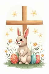 Easter Bunny with Cross and Easter Eggs