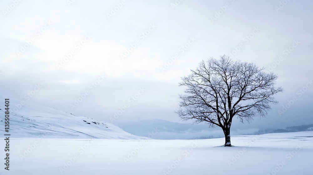 Poster Lonely tree standing starkly in a snowcovered landscape creating a serene and peaceful winter scene : Generative AI