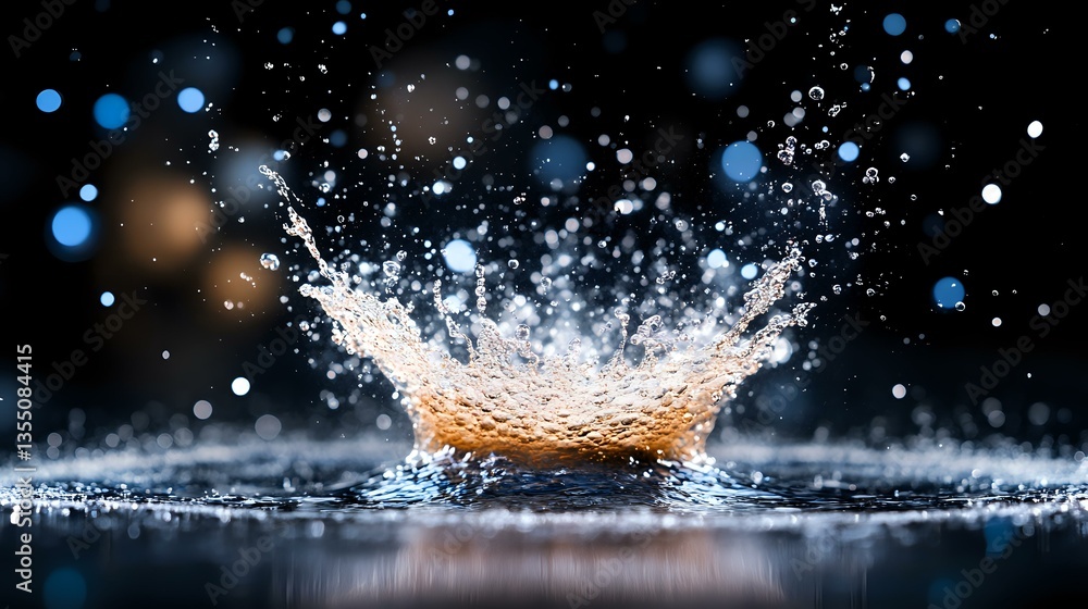Aufkleber water drop splash creating crown shape with flying droplets on dark background, dramatic lighting ef