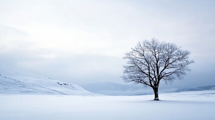 Fototapeta premium Lonely tree standing starkly in a snowcovered landscape creating a serene and peaceful winter scene : Generative AI