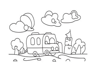 Cartoon vector of a school bus in the city with buildings, trees, and a sunny sky, showcasing transportation and family travel on a busy road