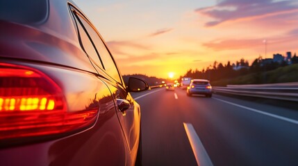 Obraz premium Vibrant sunset driving scene with a red car on a highway surrounded by nature : Generative AI