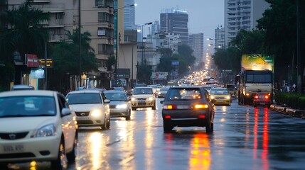 Naklejka premium Busy urban street scene during rainy weather with cars and buildings illuminated by city lights : Generative AI