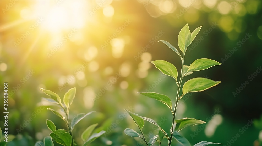 Poster vibrant green leaves illuminated by the warm glow of sunlight in a serene natural setting : generati