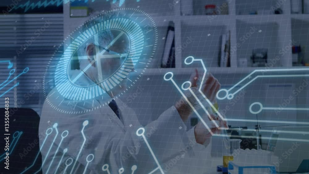 Poster in laboratory, scientist working with digital circuit overlay animation on screen