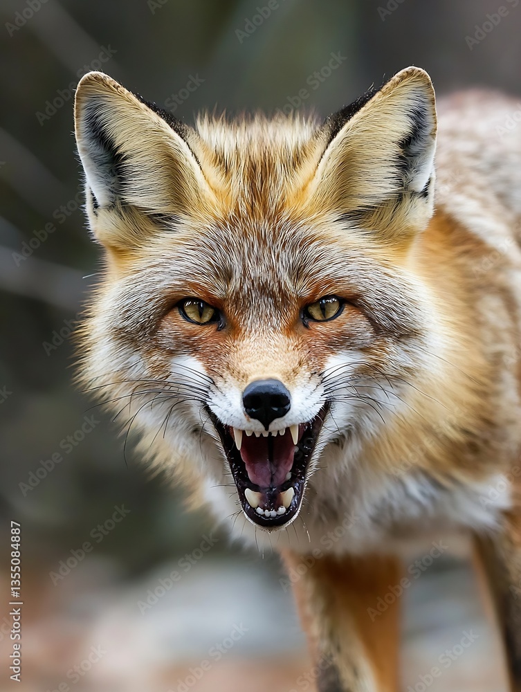 Leinwandbilder Close up portrait of a fox with a serious expression revealing sharp teeth and intense gaze : Generative AI