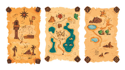 Exploring ancient treasure maps with landmarks, paths, and natural features in a colorful modern illustration style