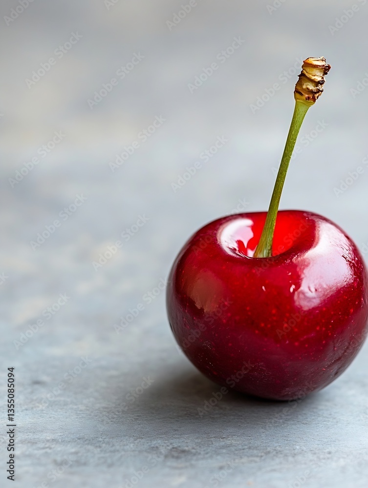 Poster close up of a fresh red cherry with a green stem showcasing its glossy surface : generative ai
