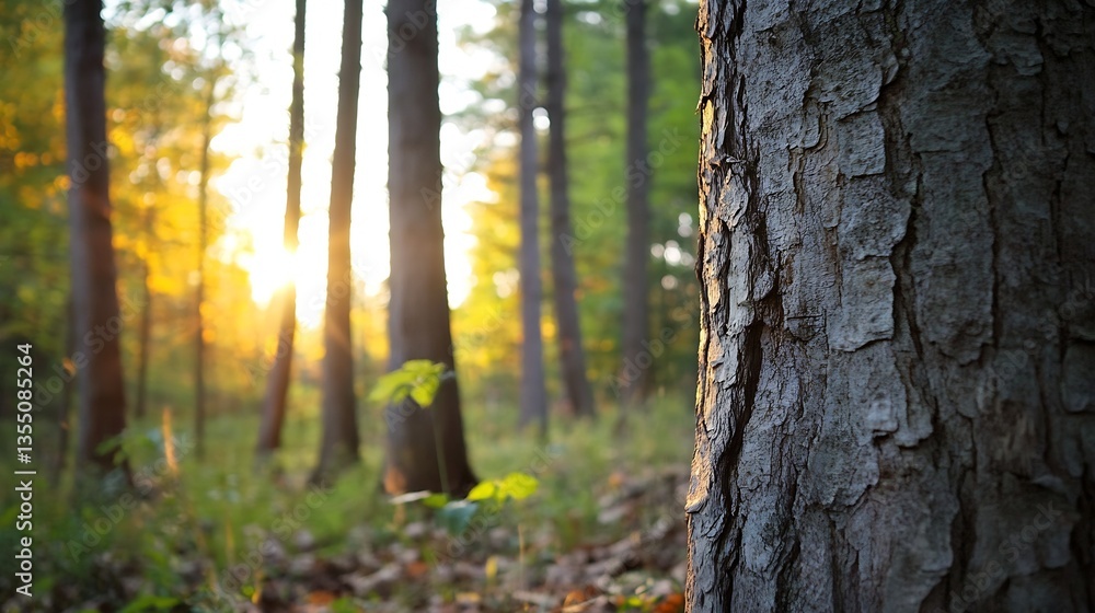 Fototapete Sunlight Filtering Through Tall Trees in a Dense Forest Creating a Peaceful Atmosphere : Generative AI
