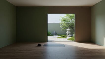Obraz premium Yoga mat, meditation space, indoor zen garden. Serene interior showcasing calm zen garden, offering tranquil ambiance, relaxation, balance, mindfulness, well-being.