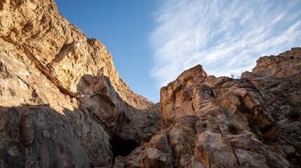 Dramatic rock formations and cliffs against a clear blue sky reflecting natural beauty and rugged terrain : Generative AI