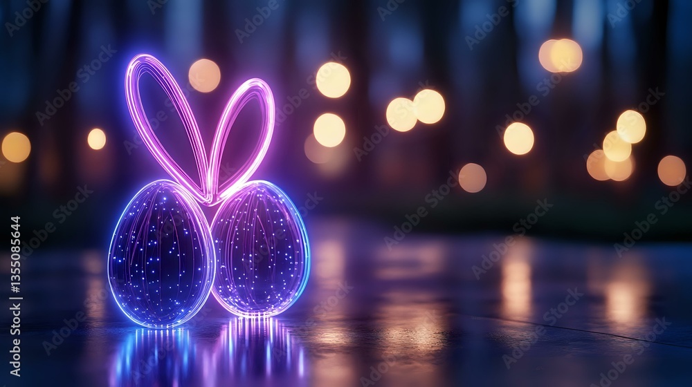 Poster glowing neon easter eggs with bunny ears reflecting on wet surface against blurred bokeh lights back