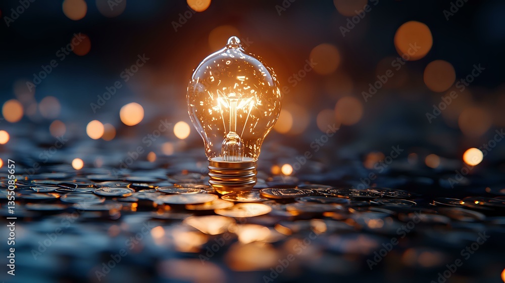 Poster glowing light bulb on wet surface with golden bokeh background creates magical atmosphere. creative 