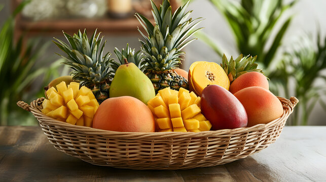 A bright tropical fruit basket with mangoes, pineapples, and papayas arranged beautifully for an exotic touch.