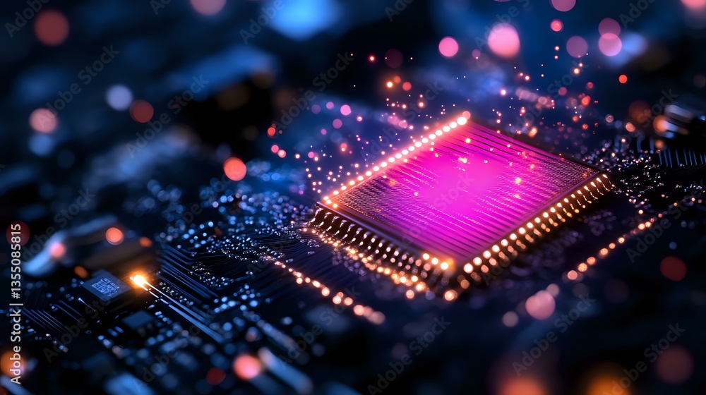 Poster glowing pink microprocessor on circuit board with bokeh light effects and shallow depth of field, fu