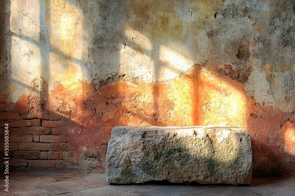 Poster sunlit stone block rests against a weathered brick and plaster wall, creating a serene and ancient a