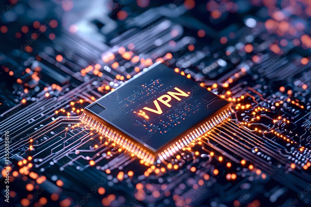 Poster microchip with vpn text on circuit board background with orange bokeh lights and digital connections
