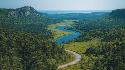 Majestic winding river cuts through a verdant valley landscape panorama