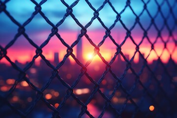 Fototapeta premium Urban Sunset Through Chain Link Fence