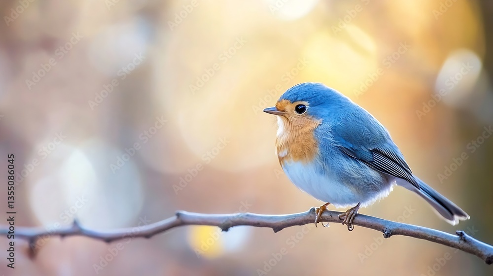 Poster Colorful bluebird perched on a slender branch with soft bokeh background highlighting its beauty and tranquility : Generative AI