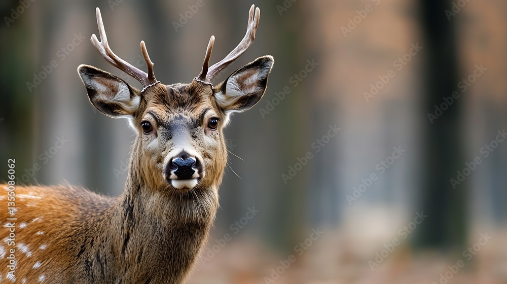 Poster Close up of a curious deer in a serene forest setting showcasing its antlers and gentle expression : Generative AI