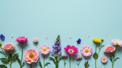 Flowers arranged on light blue background. Roses, cosmos, daisies, snapdragon. Floral arrangement for celebrations, spring, growth, nature themes. Minimalist, studio shot.