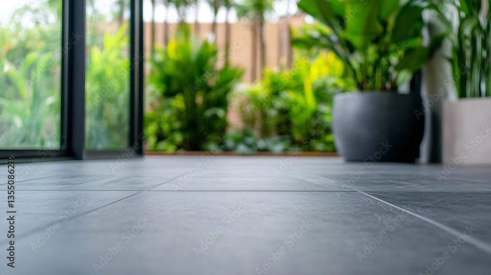 Fototapete Modern indoor floor with stylish tiles and greenery visible through large windows creating a serene environment : Generative AI