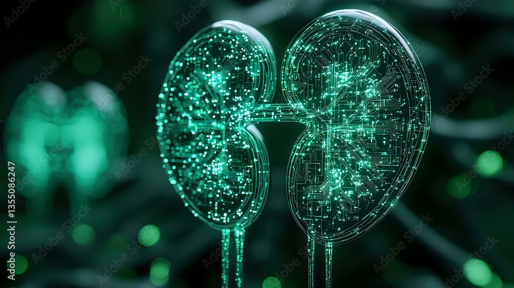 Poster glowing green kidney shapes filled with sparkling particles and neural connections on dark backgroun