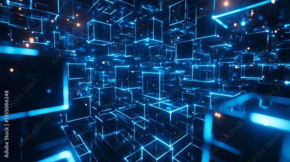 Poster a dynamic 3d scene of neon blue cubes floating in a complex digital grid, radiating a futuristic and