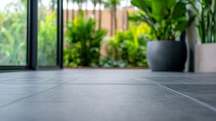Fototapeta premium Modern indoor floor with stylish tiles and greenery visible through large windows creating a serene environment : Generative AI