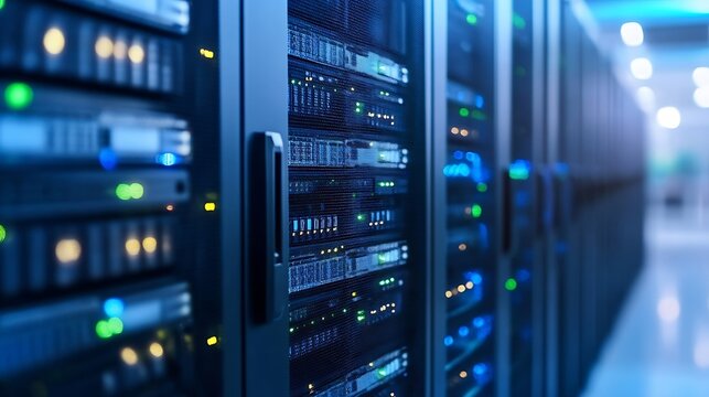 Modern data center with server racks showcasing high technology and networking equipment in a professional environment : Generative AI - Powered by Adobe