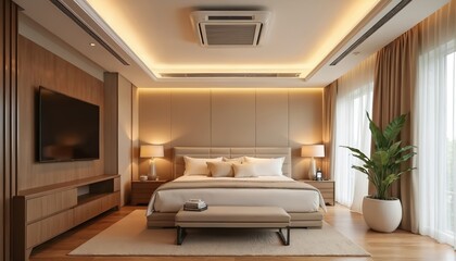 Luxurious modern hotel suite with ceiling-mounted air conditioning system, comfortable accommodation. Elegant design, upscale interior with television, comfortable stay, relaxation, hospitality,