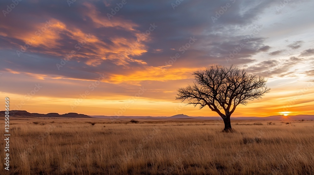 Poster solitary tree at dusk silhouetted against a colorful sky with dramatic clouds and mountains : genera