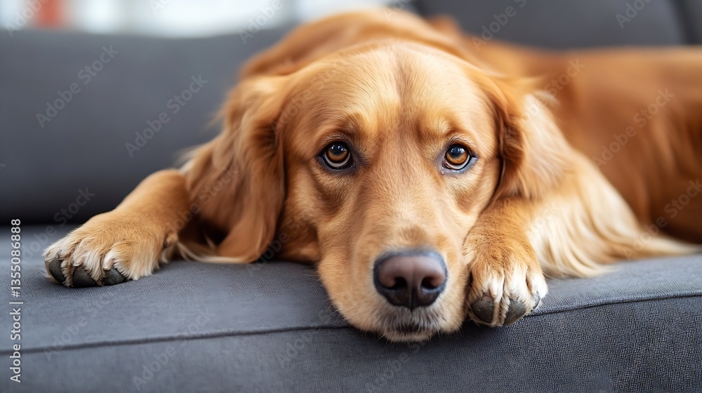 Poster golden retriever dog relaxing on a grey couch showcasing its adorable expression and soft fur : gene