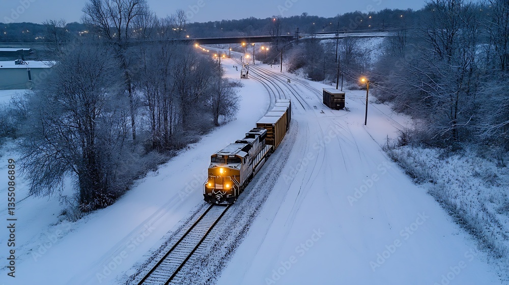 Poster a freight train navigates a snowy landscape under a twilight sky creating a picturesque view : gener
