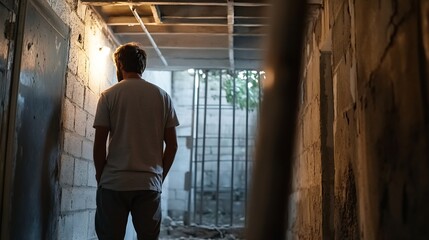 Fototapeta premium Man Standing in a Dimly Lit Hallway Reflecting on Life Choices and Paths : Generative AI