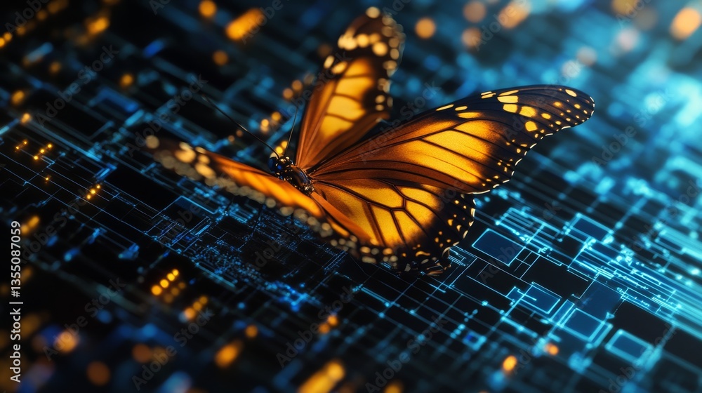 Poster a stunning monarch butterfly perched on a glowing digital network, symbolizing the convergence of na